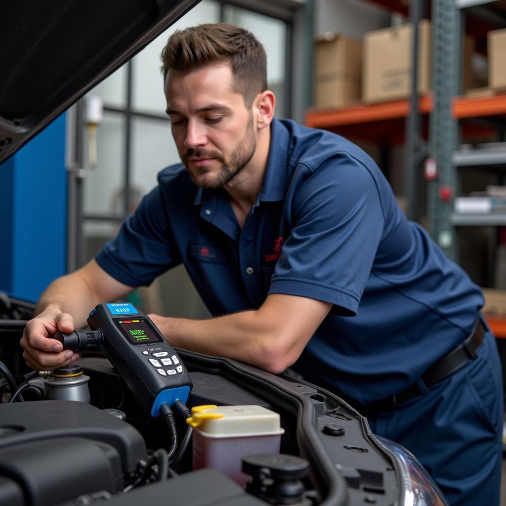 Mechanic Diagnosing a Car with a GM Code Reader OBD2