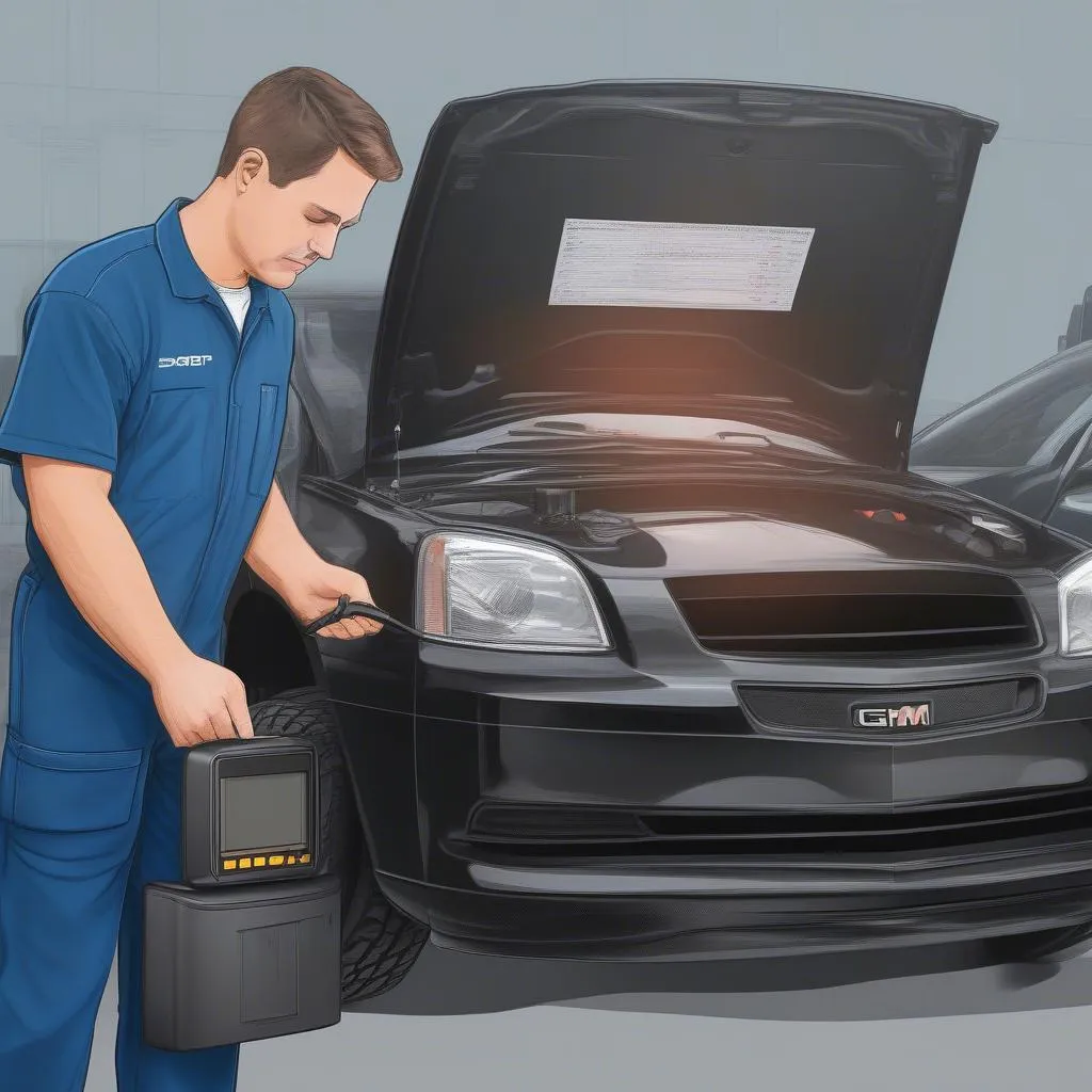 Mechanic Using GM OBD2 Scanner in Garage