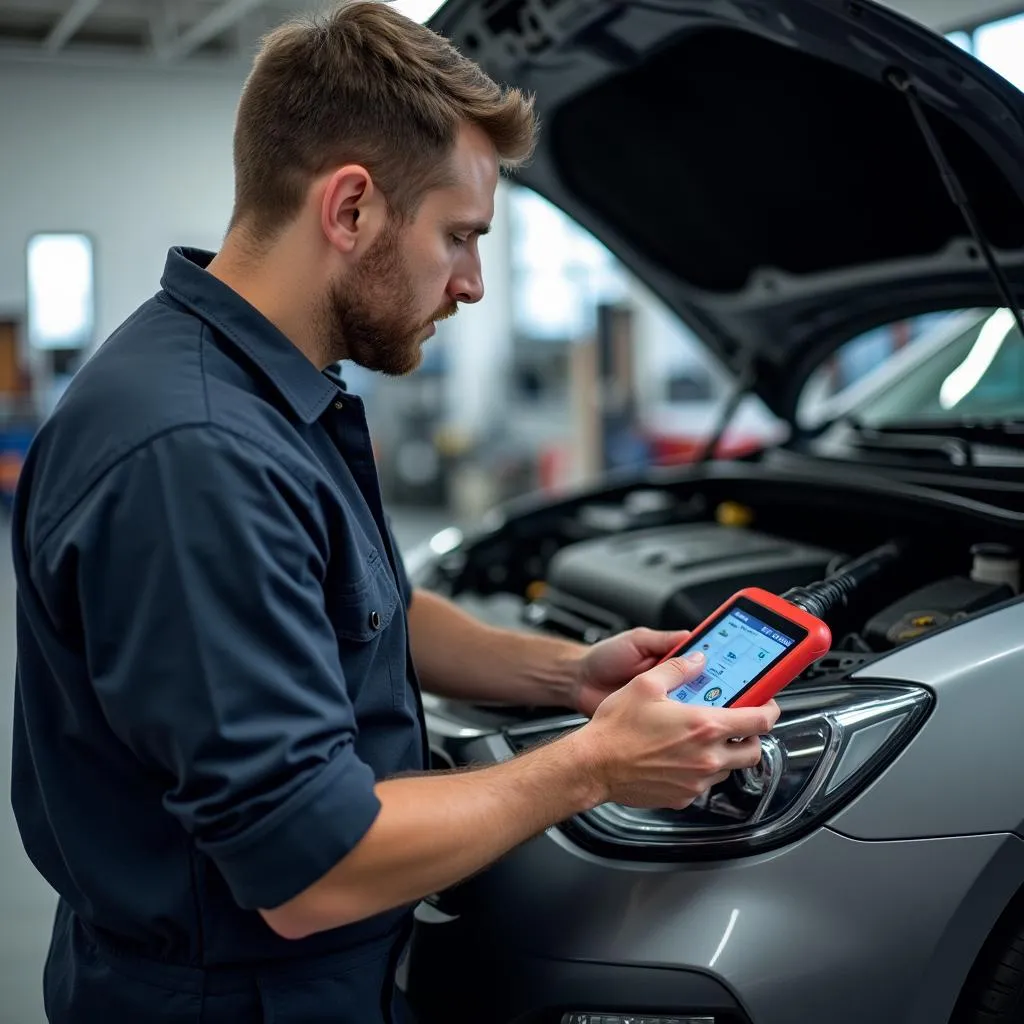 Mechanic using a Goliton OBD2 Bluetooth scanner to diagnose a car.