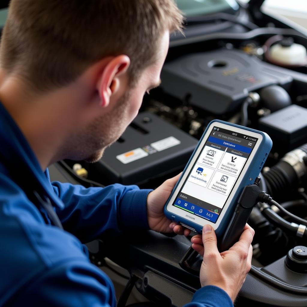 Mechanic Diagnosing Car with HD15 OBD2 Scanner