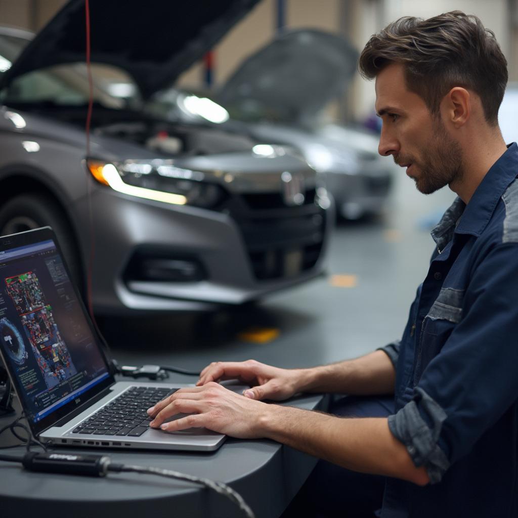 Mechanic Using Honda HDS Cable for Diagnostics