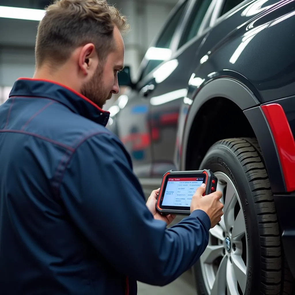 Mechanic using Huawei DA3100 OBD2 scanner to diagnose a car problem