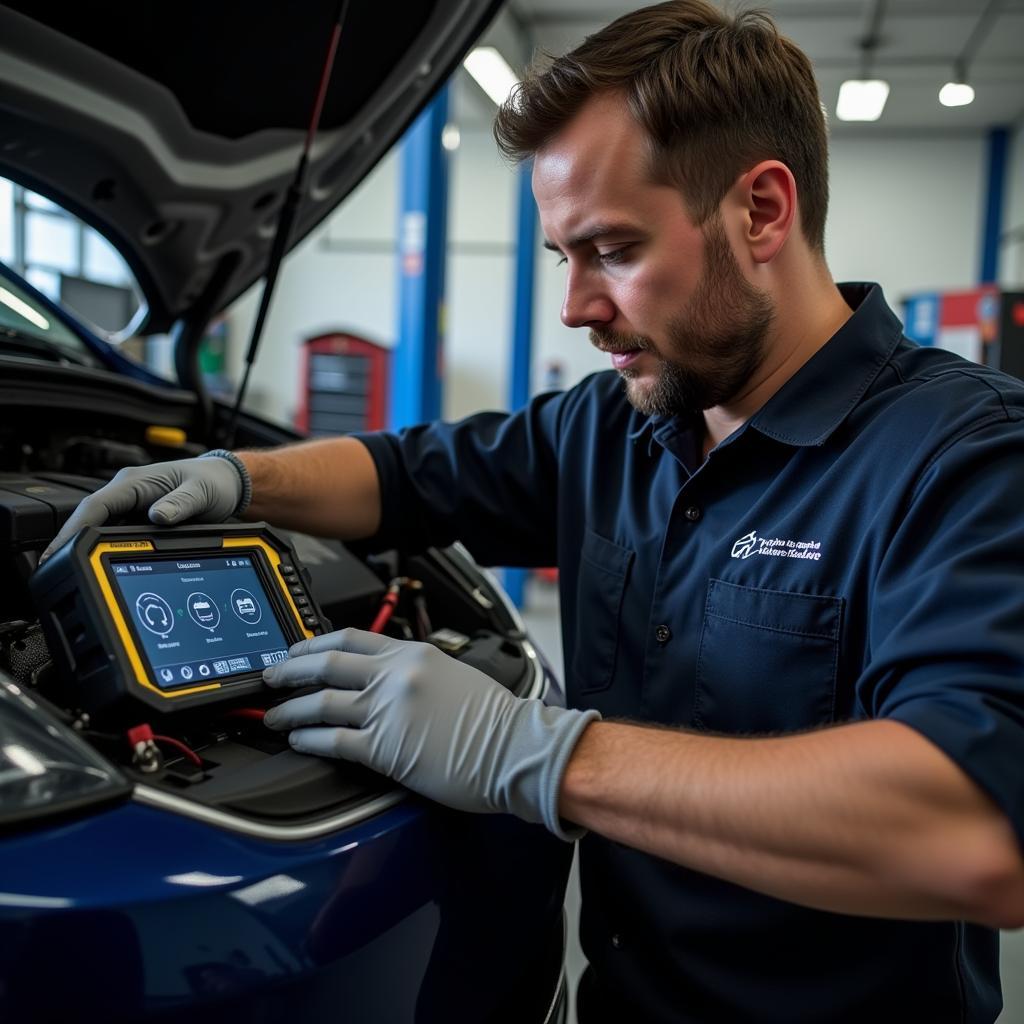 Mechanic using hybrid battery tester OBD2 in garage