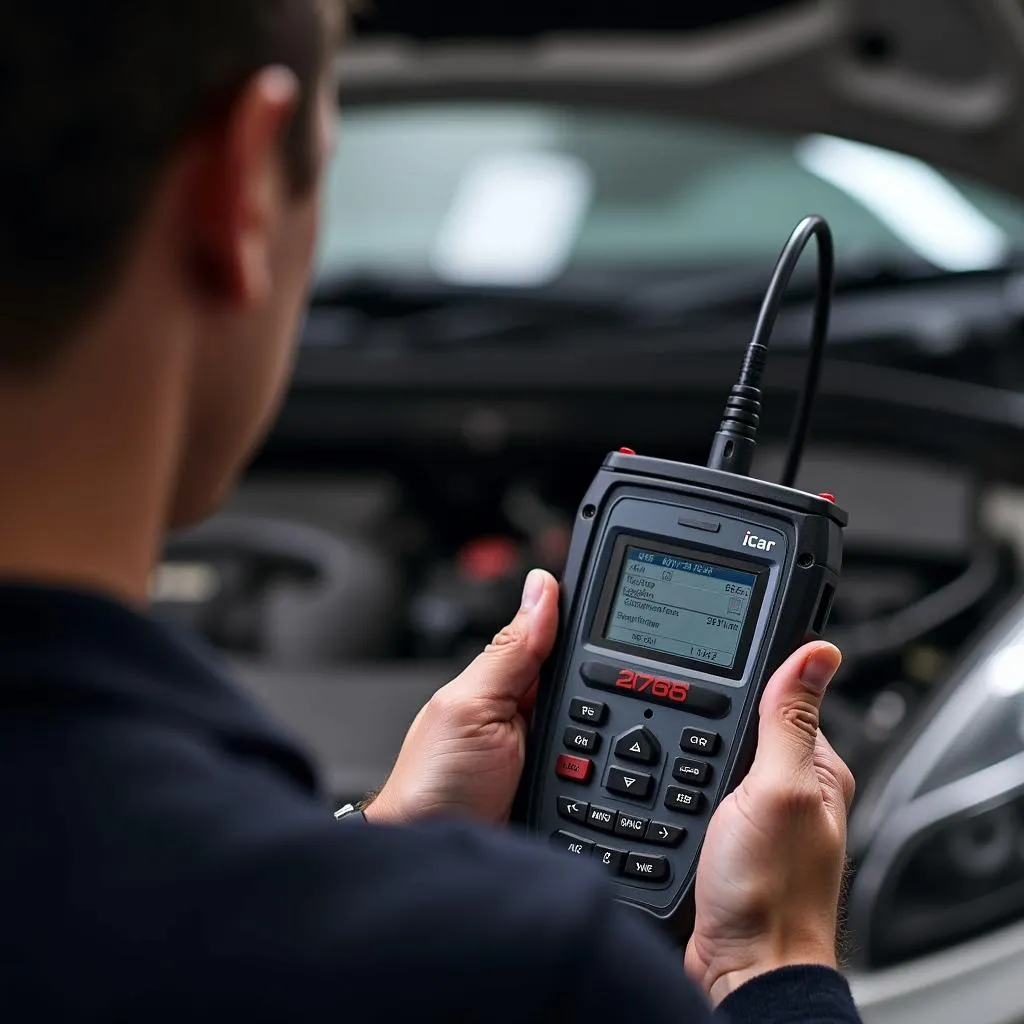 Mechanic using iCar OBD2 ELM327 for car diagnostics