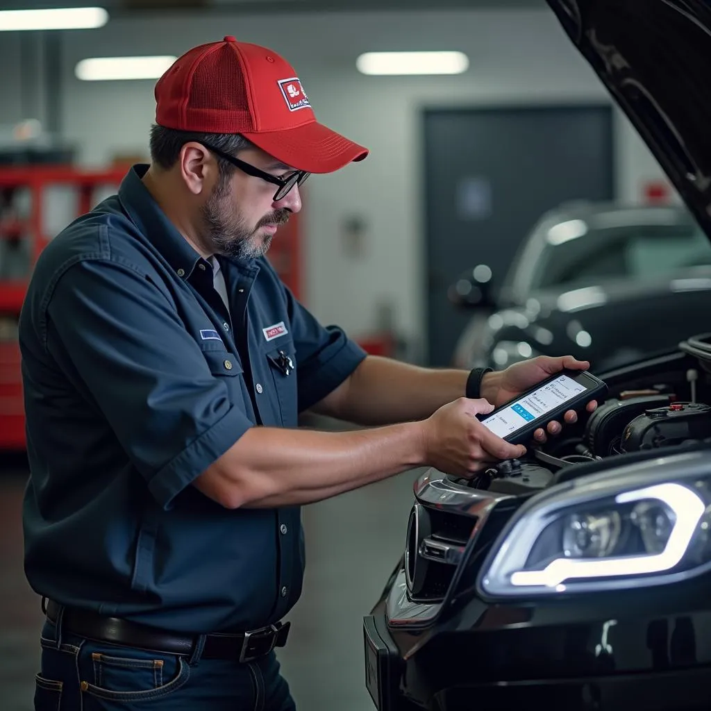 A mechanic using the iCarsoft OP II OBD2 scanner to diagnose a car problem.