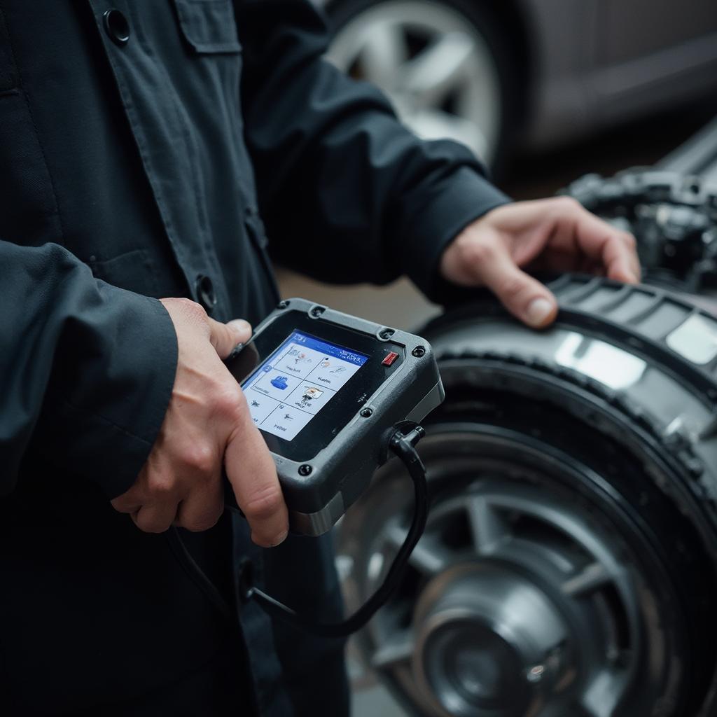 A mechanic using an indrive obd2 scanner to diagnose a car in a workshop