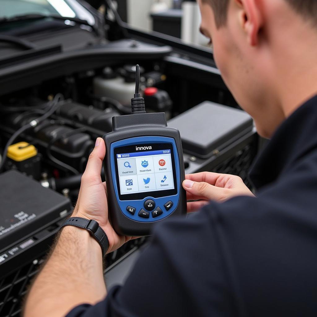 A mechanic using the Innova 5210 OBD2 Scanner to diagnose a car issue