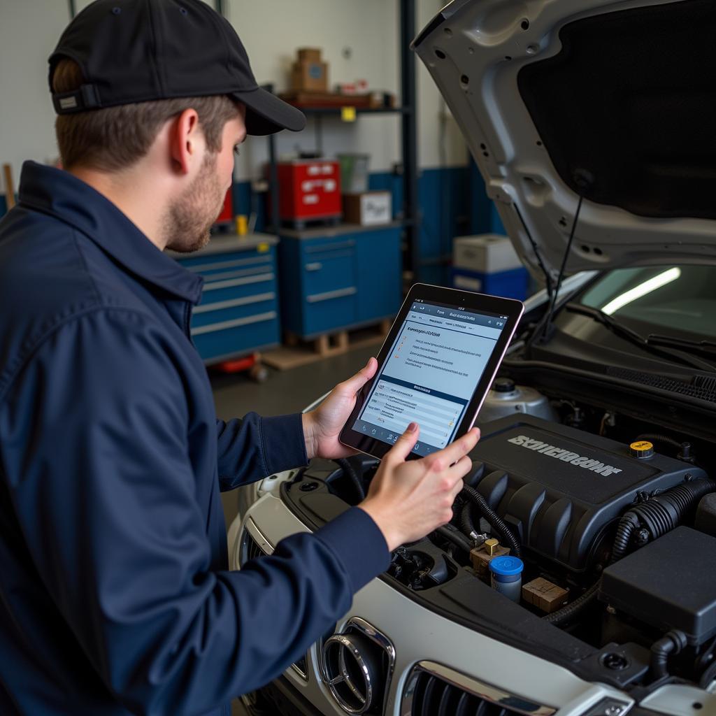 Mechanic Using iPad OBD2 Dongle