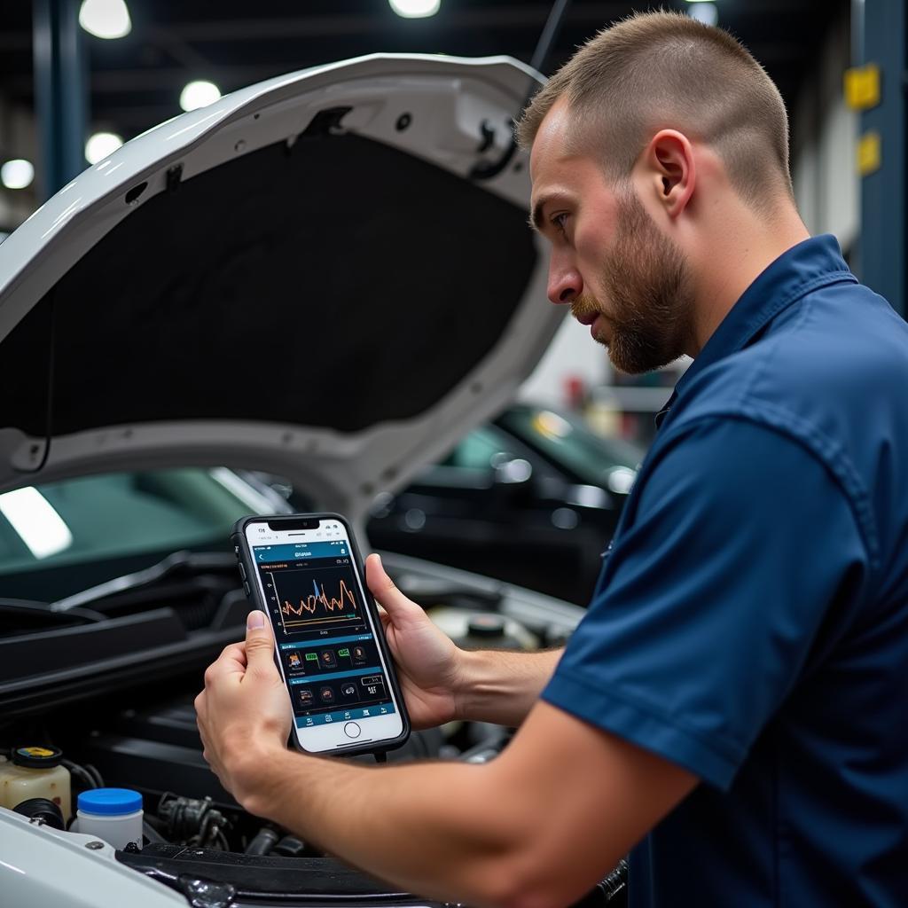 Mechanic Using iPhone OBD2 Bluetooth Scanner for Car Diagnostics