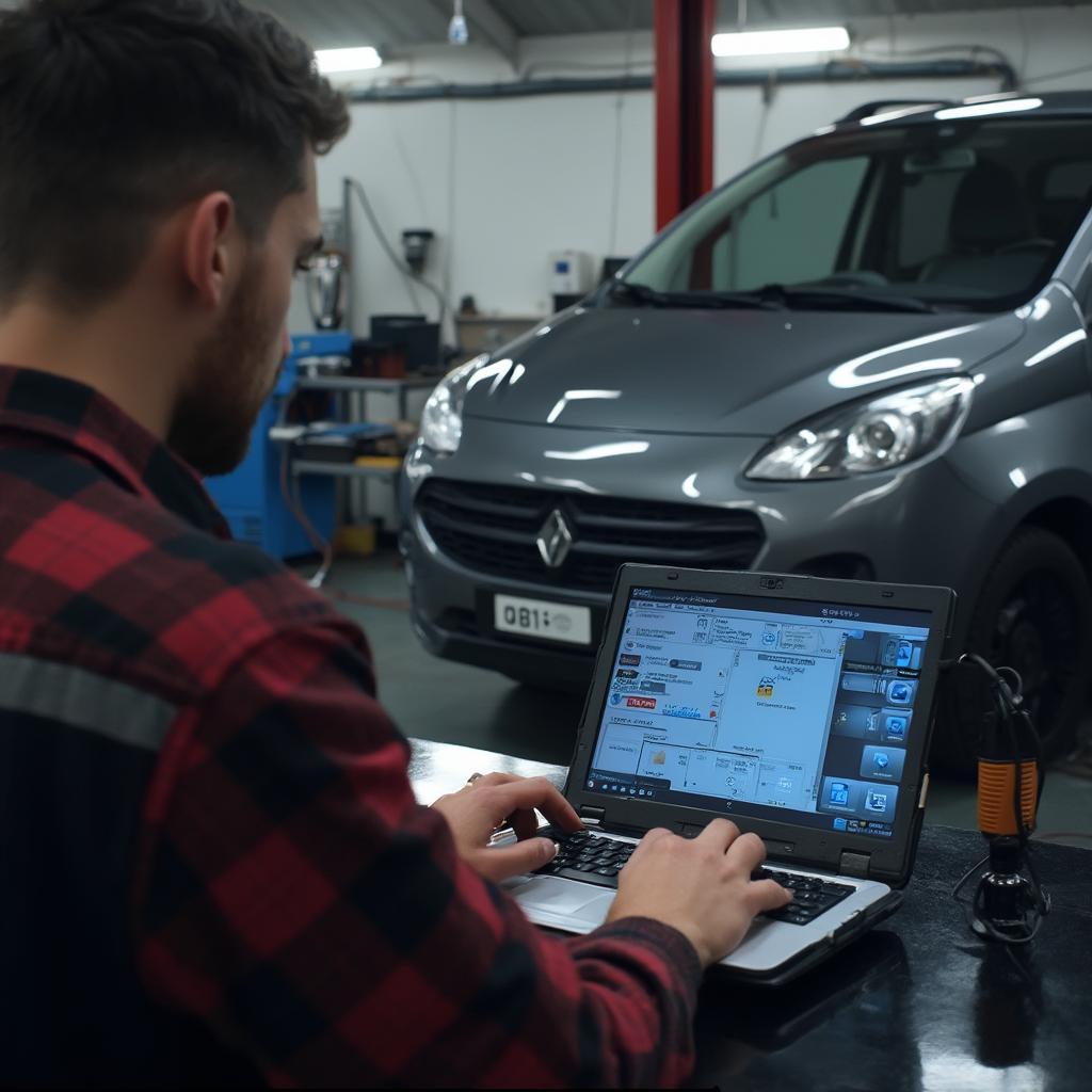 Mechanic using KKL interface and laptop to diagnose car