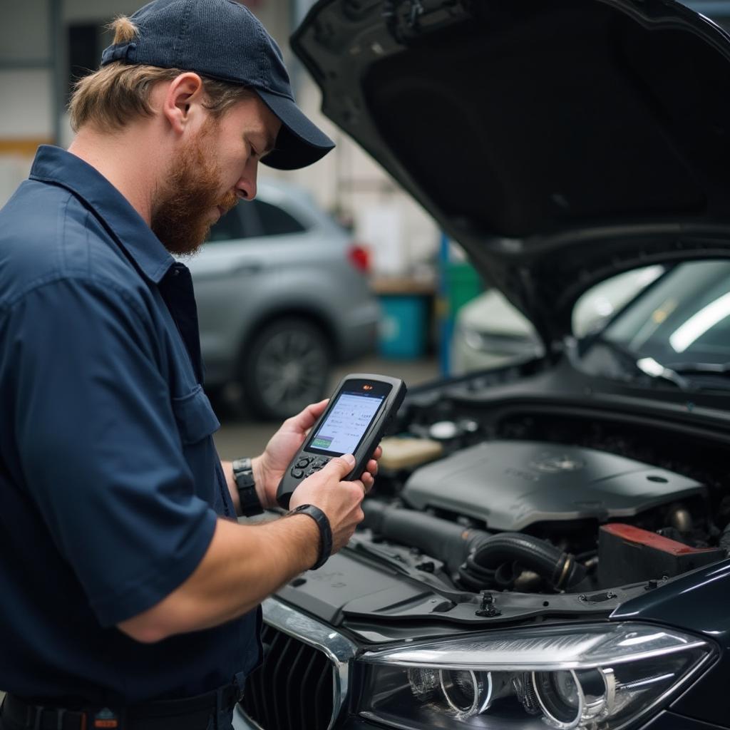 Mechanic Using Kobra OBD2 Bluetooth Scan Tool for Diagnostics