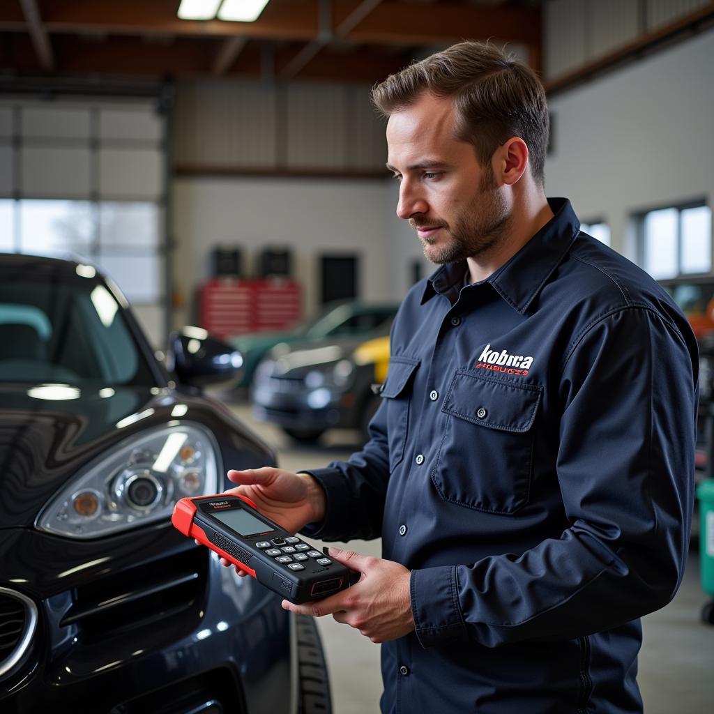 Mechanic Using Kobra Products Wireless OBD2 Scanner in Garage