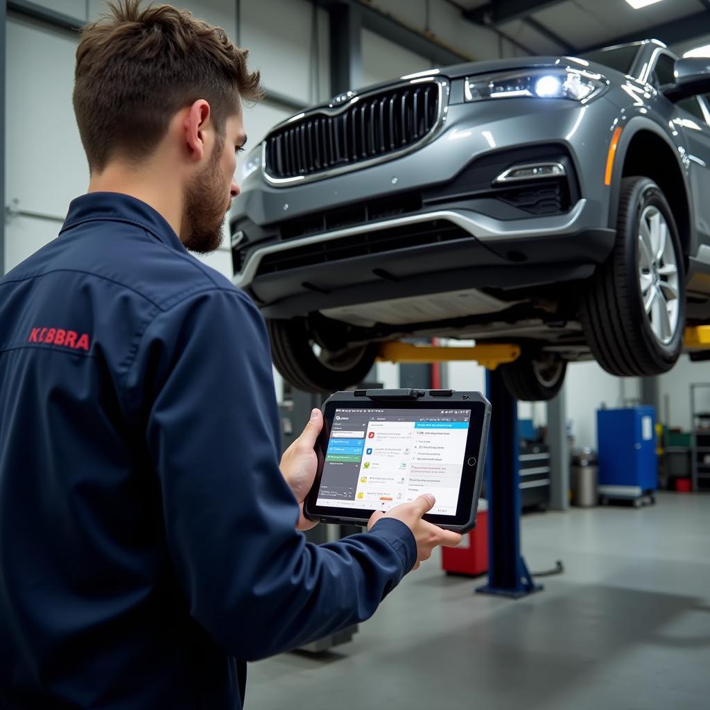 Mechanic using the Kobra Wireless OBD2 Scanner in a garage