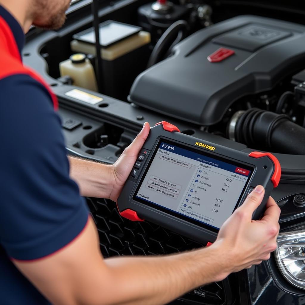 A mechanic using the Konnwei KW908 scanner to diagnose a car problem.