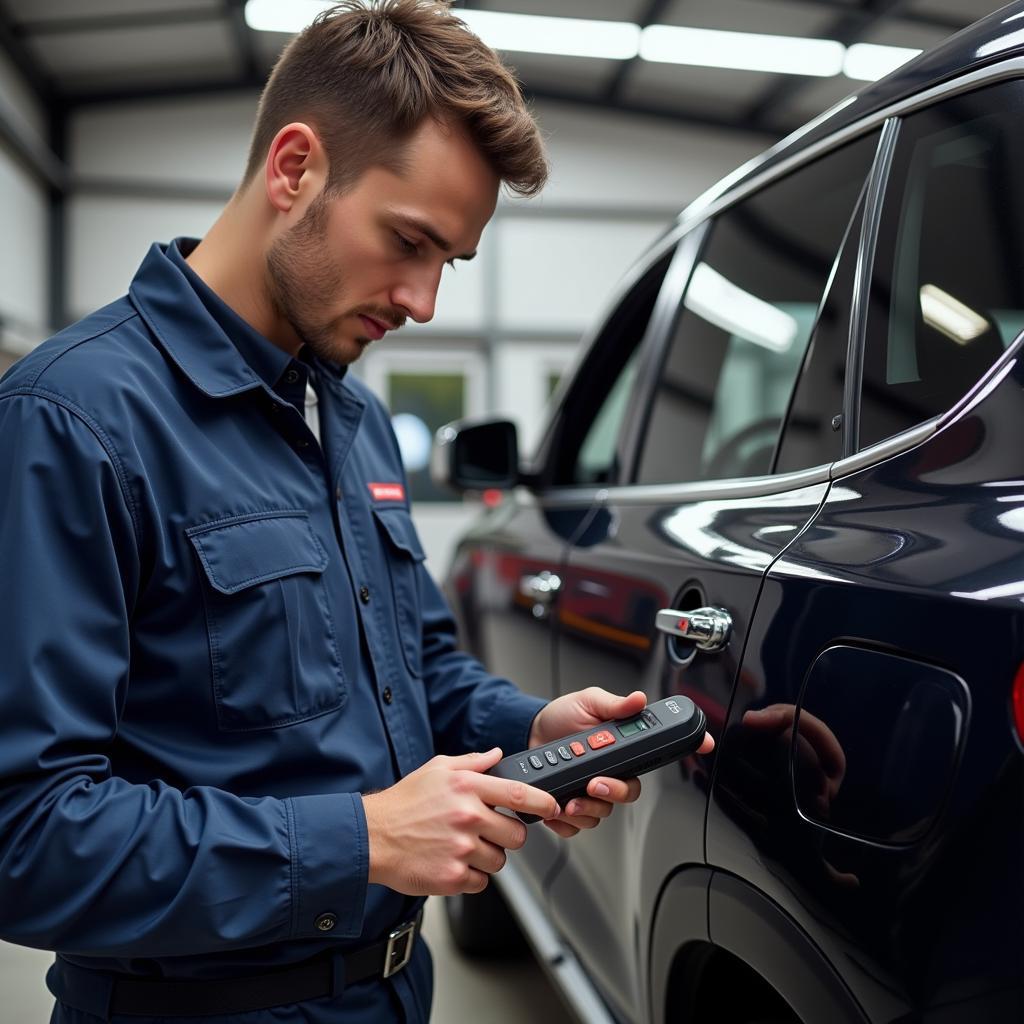 Mechanic using a Konnwei OBD2 scanner for car diagnostics in a garage