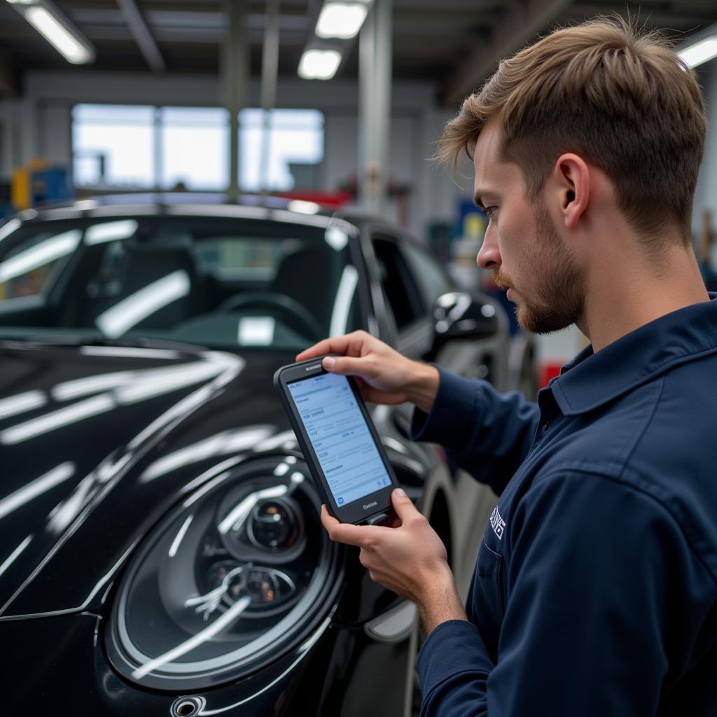 Mechanic Using a KONNWEI Scanner on a Porsche