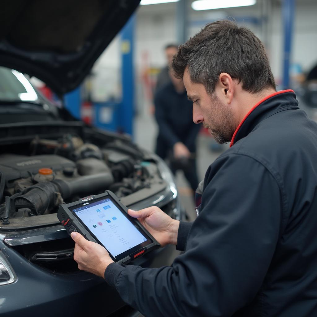 Mechanic using a KONNWEI WIFI OBD2 scanner in a garage