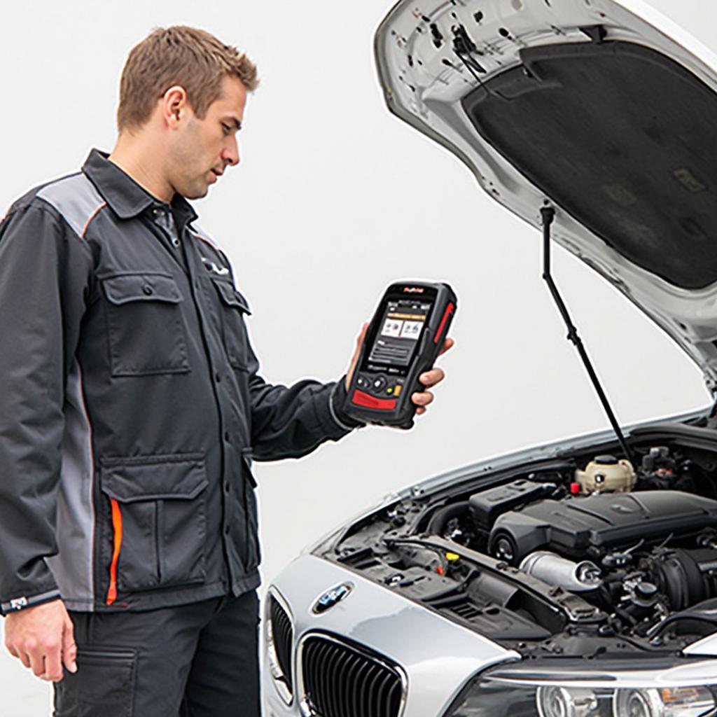 Mechanic Using KW808 OBD2 Scanner to Diagnose Car Problem