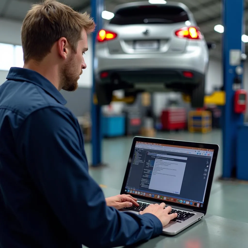 Mechanic Diagnosing a Car Problem with a Laptop Based OBD2 Scanner