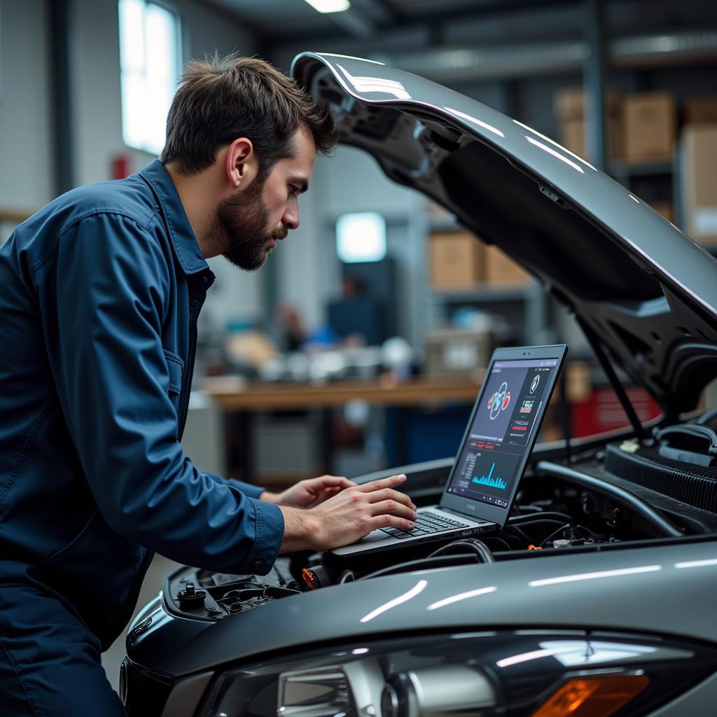 Mechanic Using Laptop with OBD2 Software in Garage