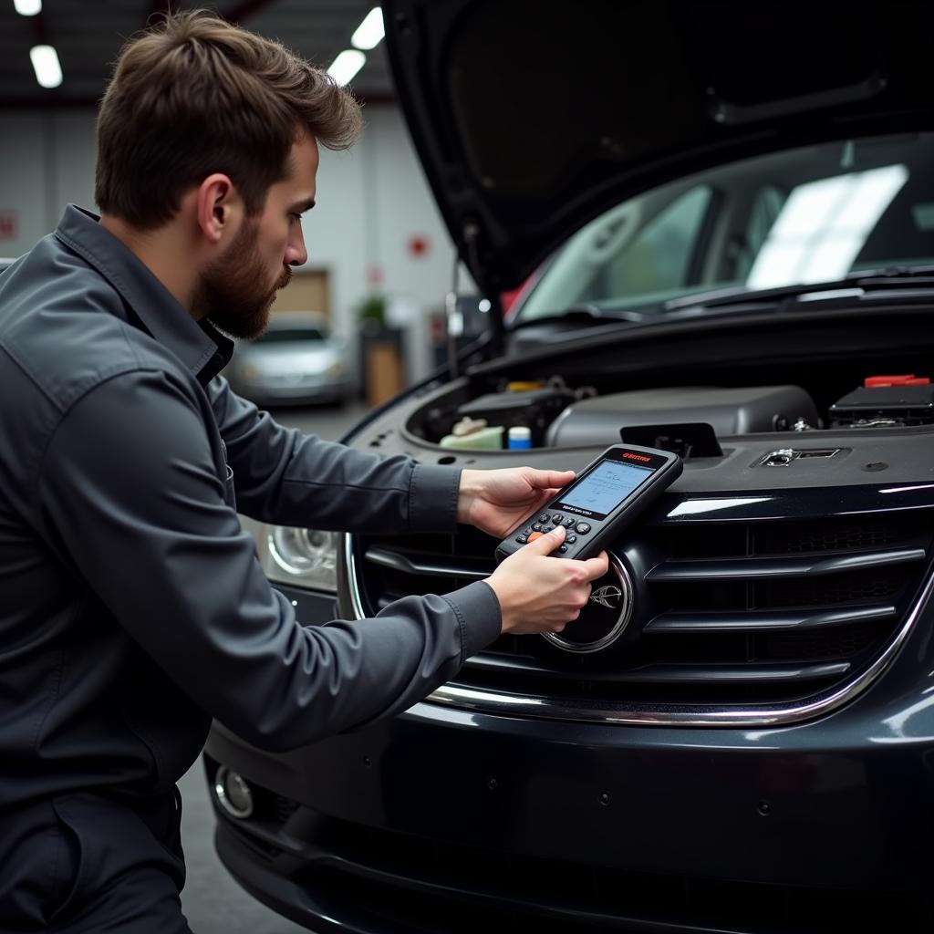 Mechanic Using Launch CRP129 Creader on a Car