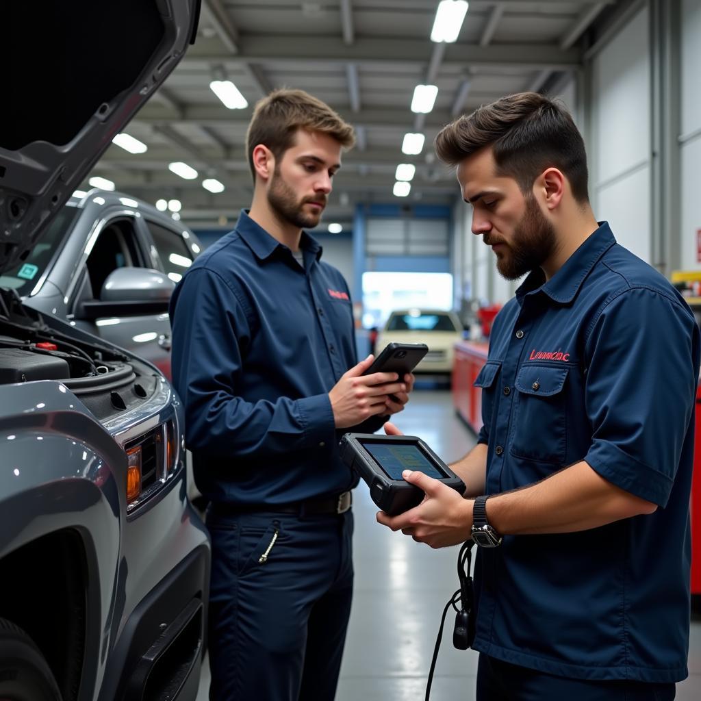 Mechanic Using Launch Tech Scanner in Workshop