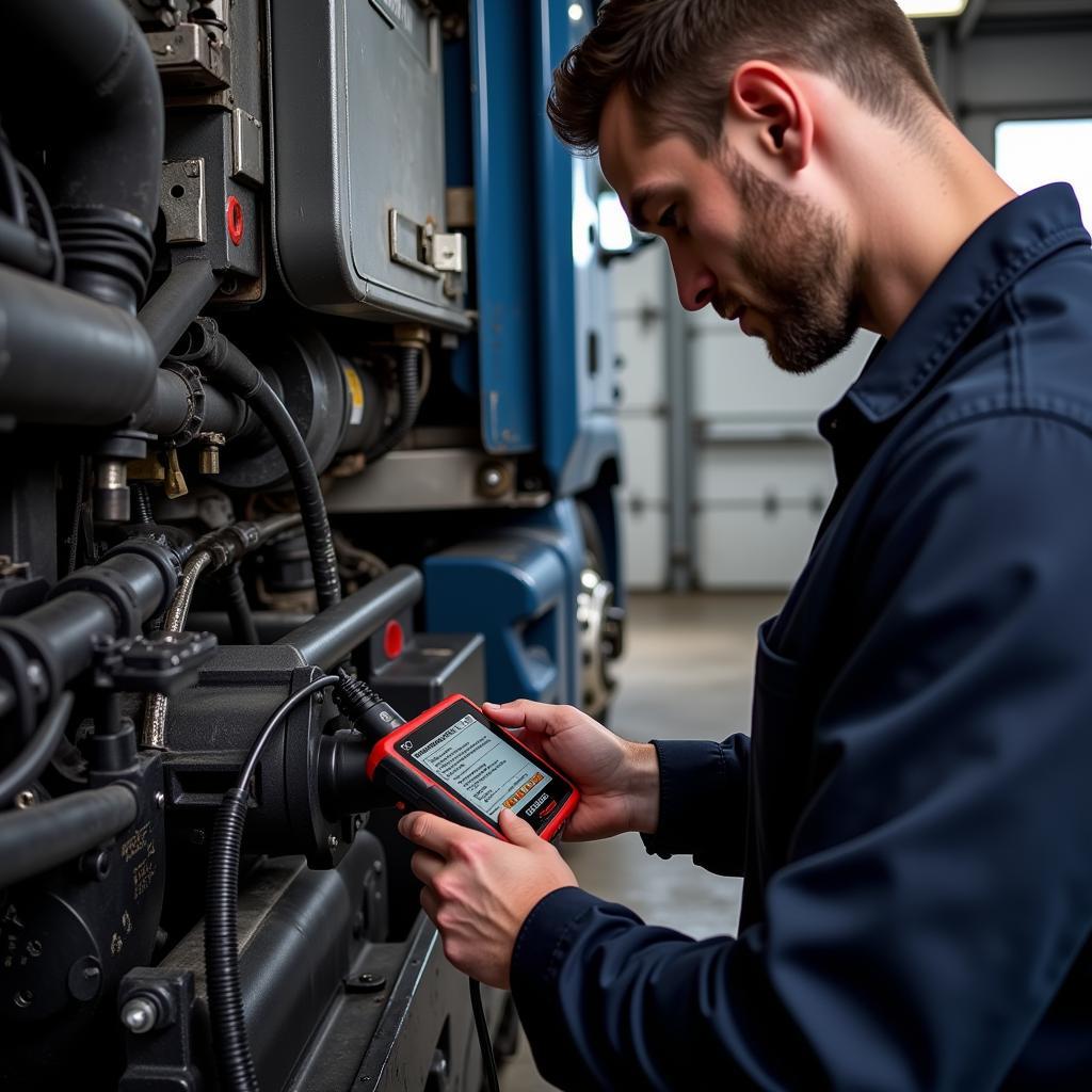 Mechanic Using Launch X431 Pro Extra on a Diesel Truck