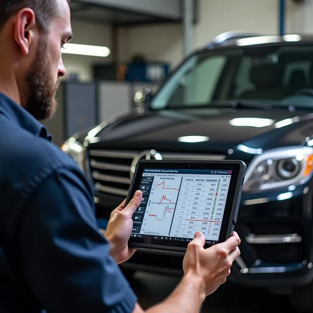 Mechanic Using LKC WiFi OBD2 Scanner in Garage