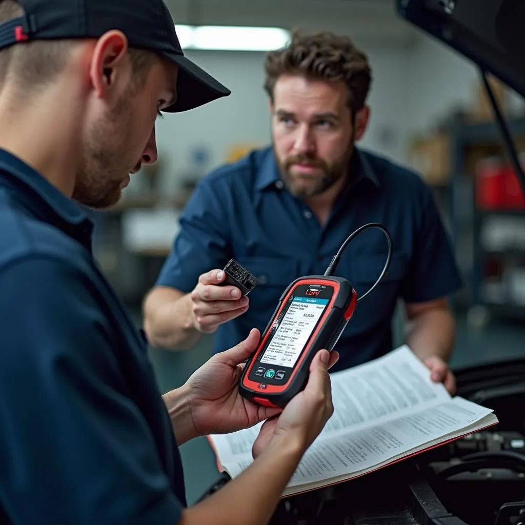 Mechanic using a Lufi OBD2 meter to troubleshoot a car issue in a repair shop