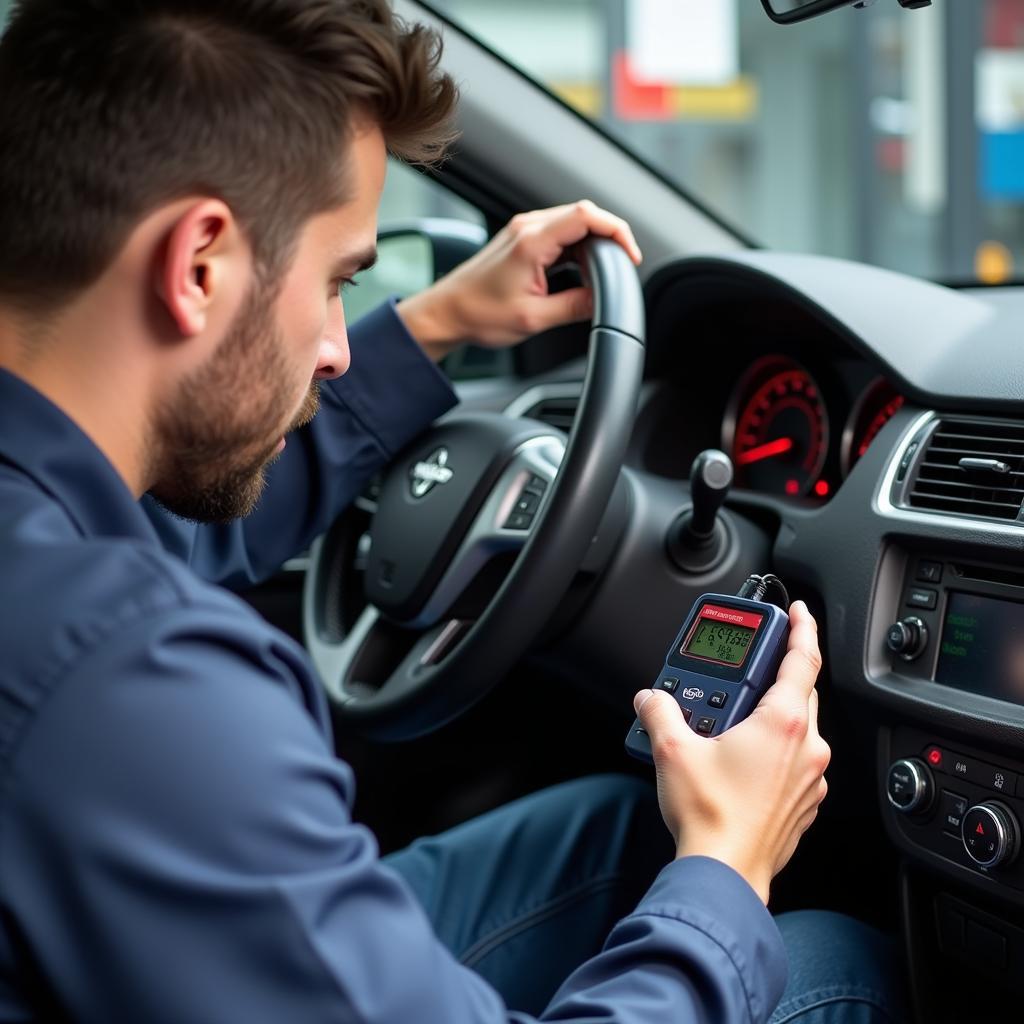 Mechanic using a Mini ELM327 OBD2 Scanner