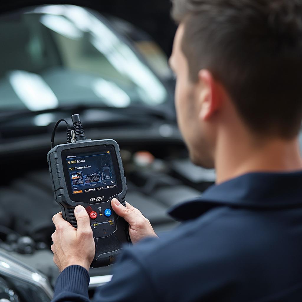 Mechanic Using MP69033 OBD2 Scanner to Diagnose Car Problem