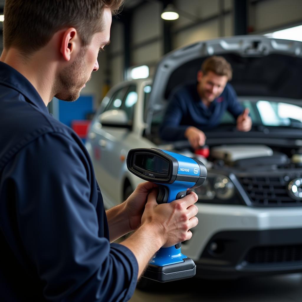 Mechanic using the MS300 scanner to diagnose a car problem