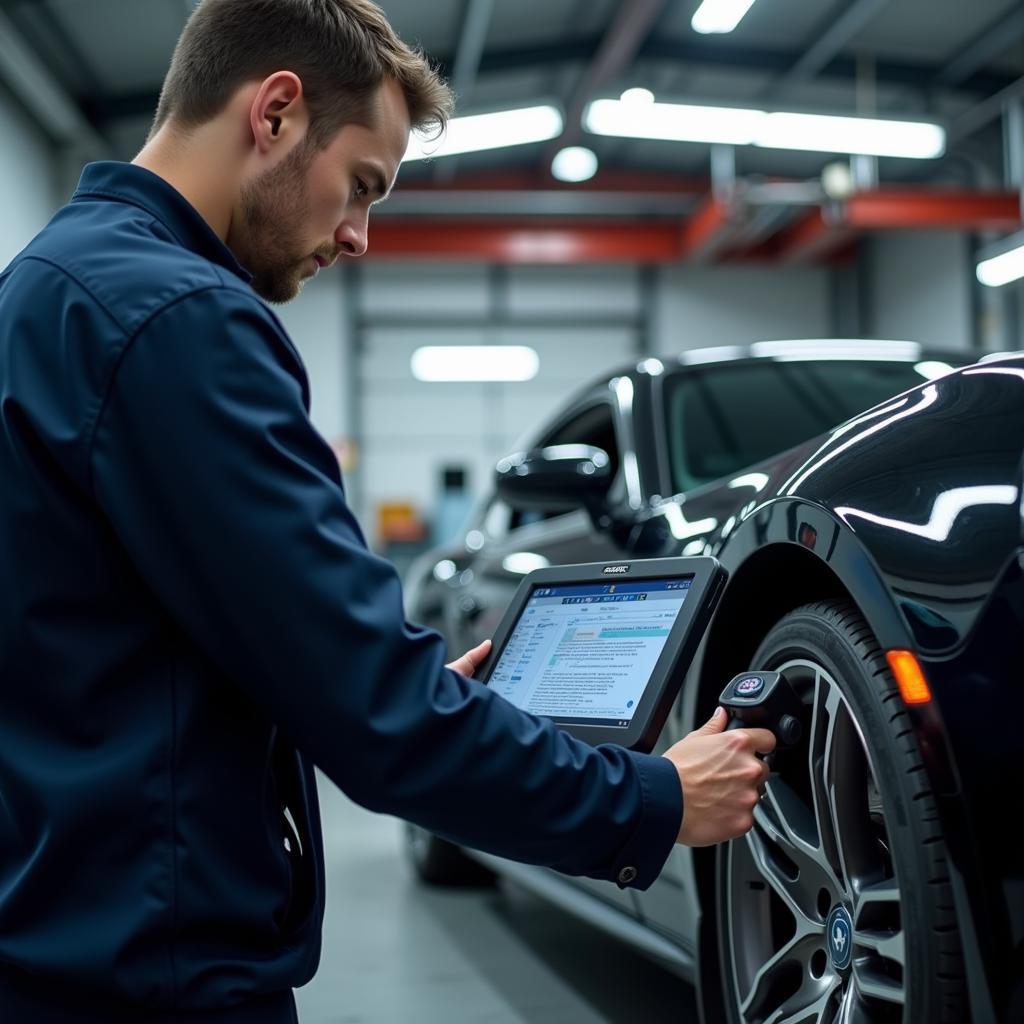 Mechanic Diagnosing a Car with a Multi-Car Scanner