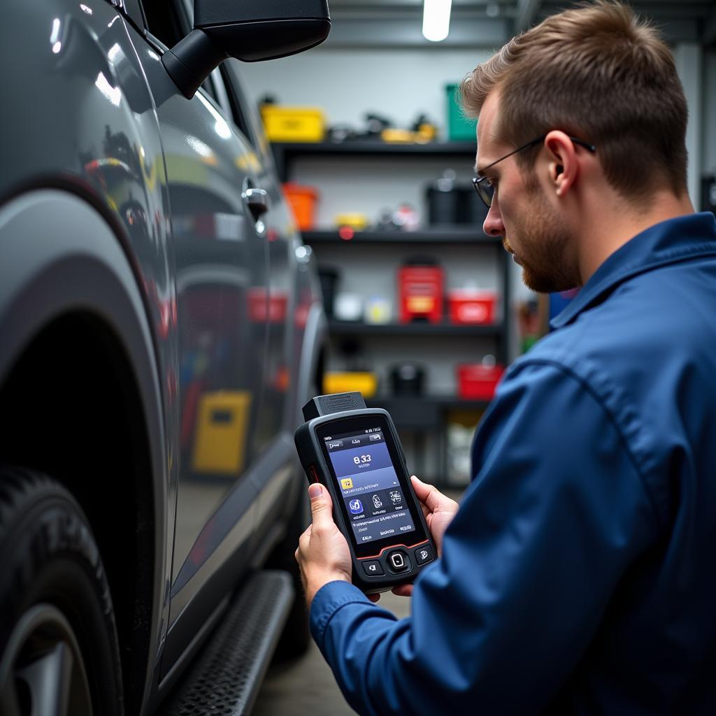 Mechanic using a multimarque OBD2 scanner in a garage