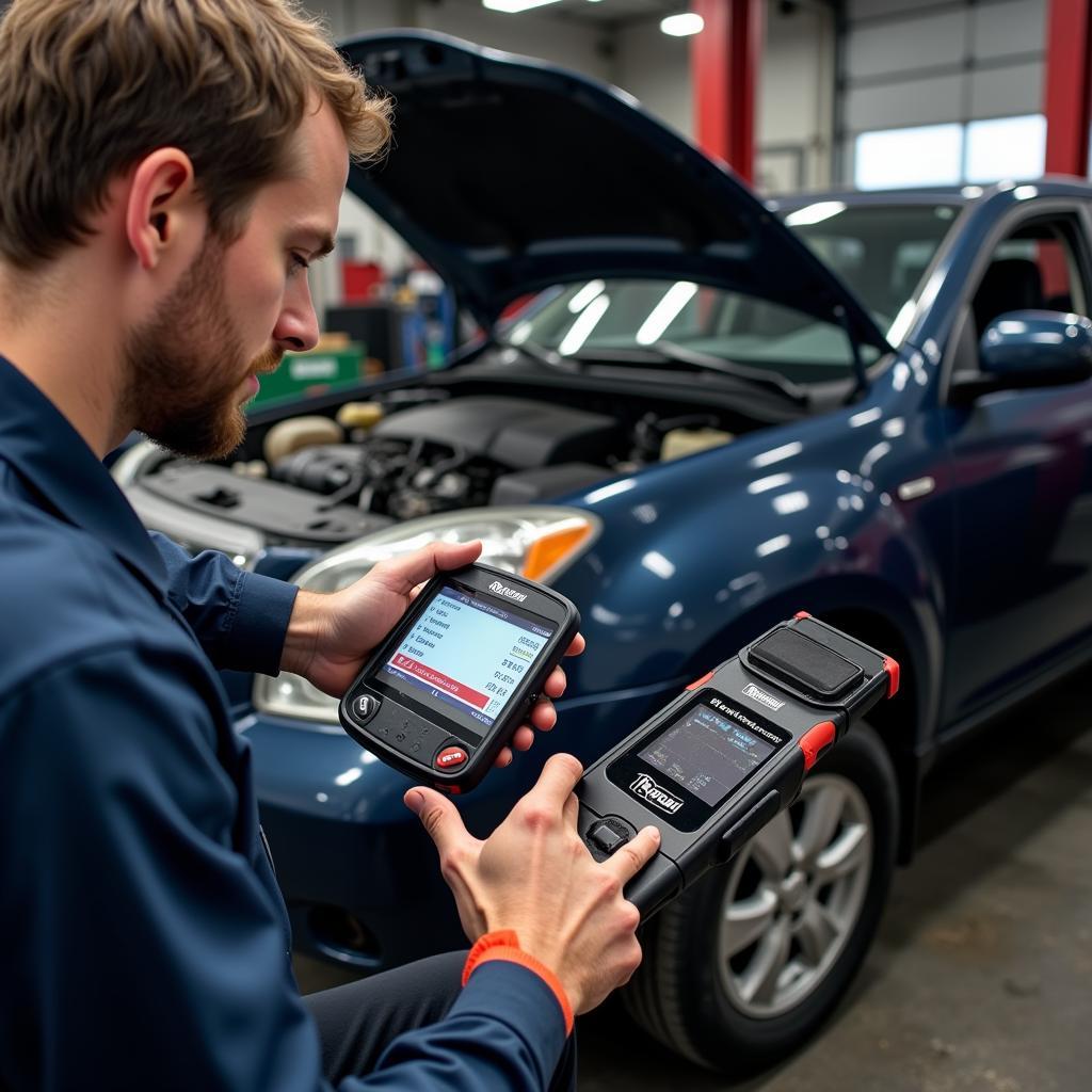 Mechanic Diagnosing Car with Nexpeak OBD2 Scanner