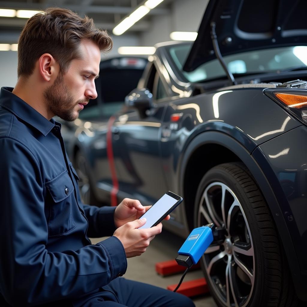 A mechanic uses the nonda Bluetooth 4.0 OBD2 scanner to diagnose a car