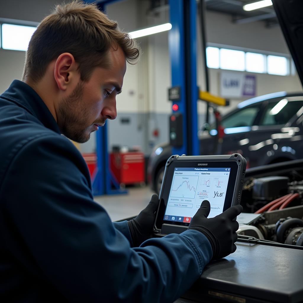 Mechanic Using OBD Car OS601 for Diagnostics