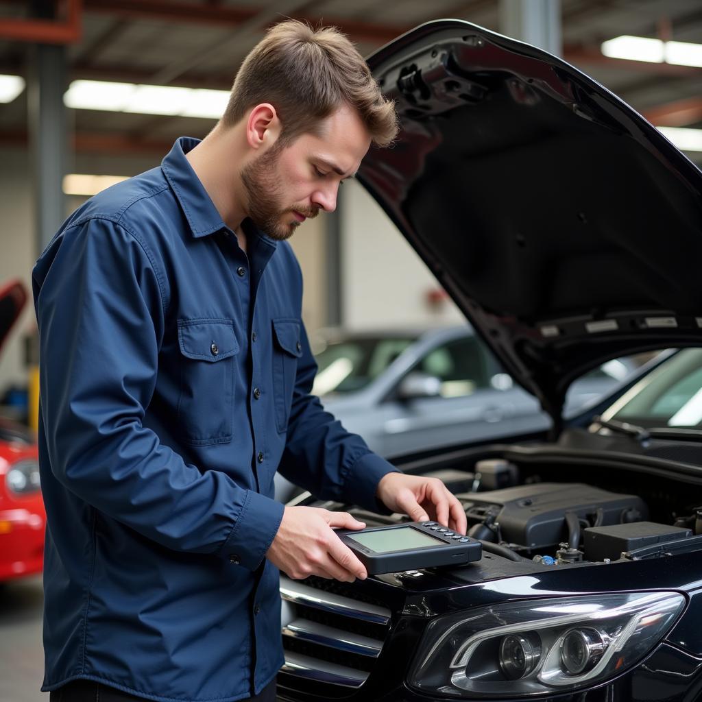 Mechanic Using OBD Scanner in a Workshop