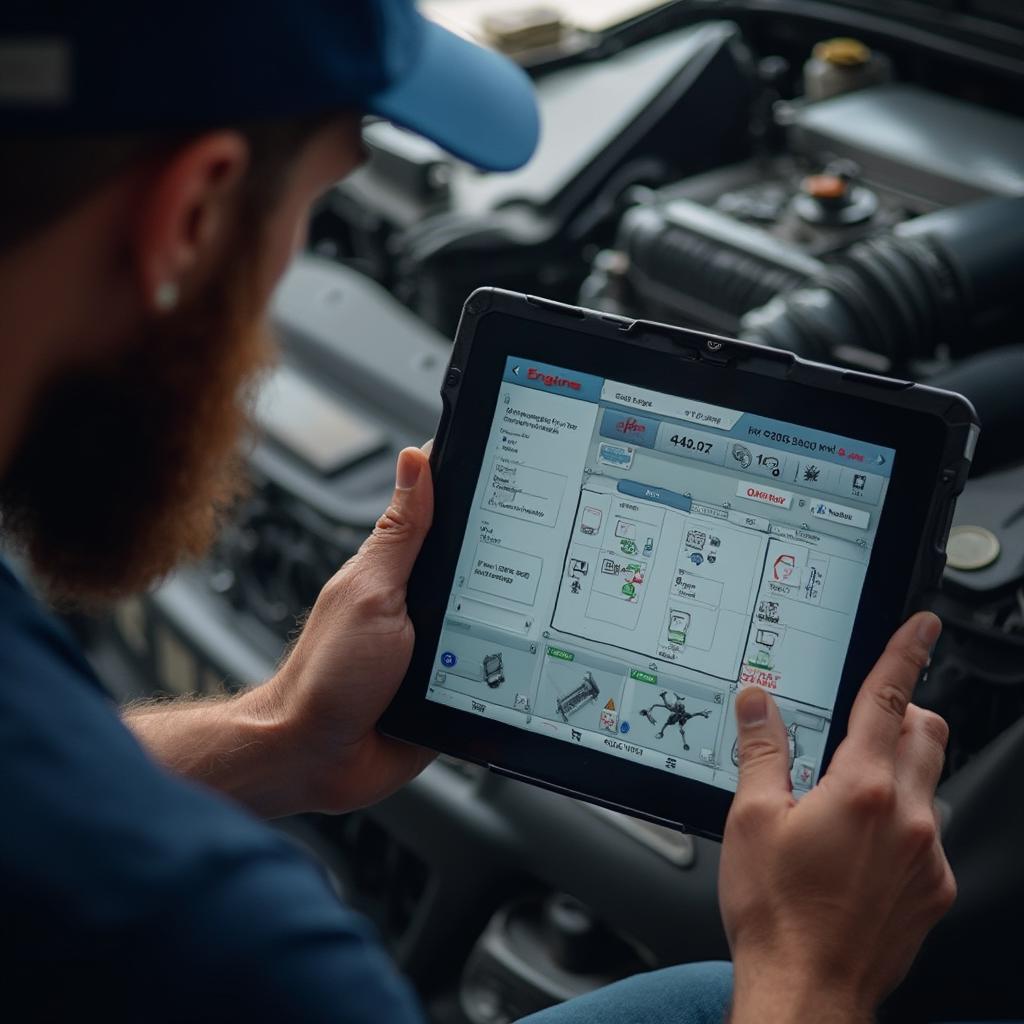Mechanic using OBD2 app for diagnostics