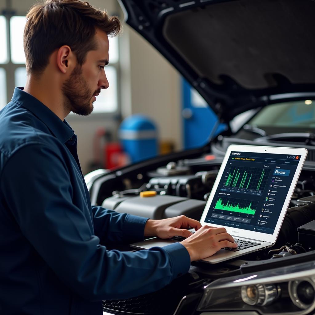 A mechanic analyzing car diagnostics using an OBD2 app on a laptop