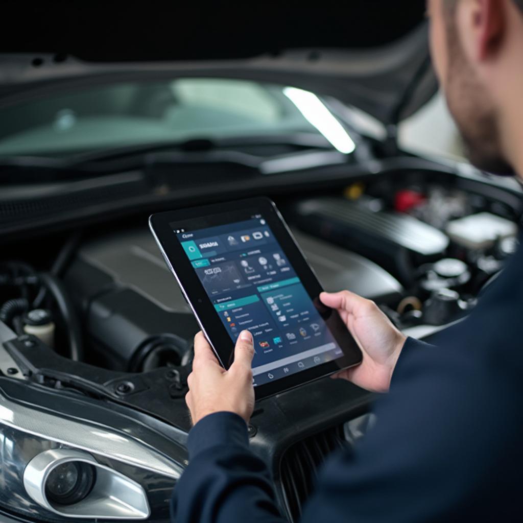 Mechanic Using OBD2 App on Tablet