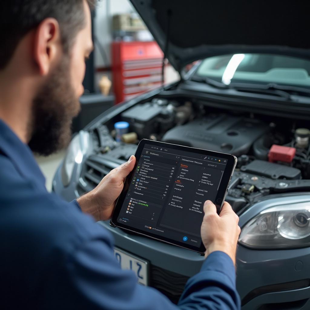 Mechanic using an OBD2 Bluetooth adapter ELM327