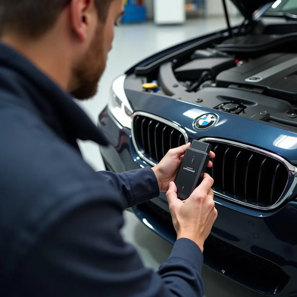 Mechanic using an OBD2 Bluetooth adapter on a BMW