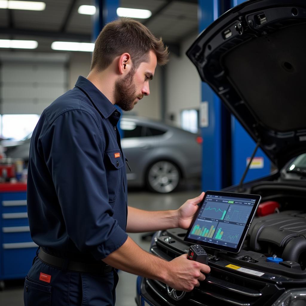 Mechanic using an OBD2 Bluetooth pret for car diagnostics