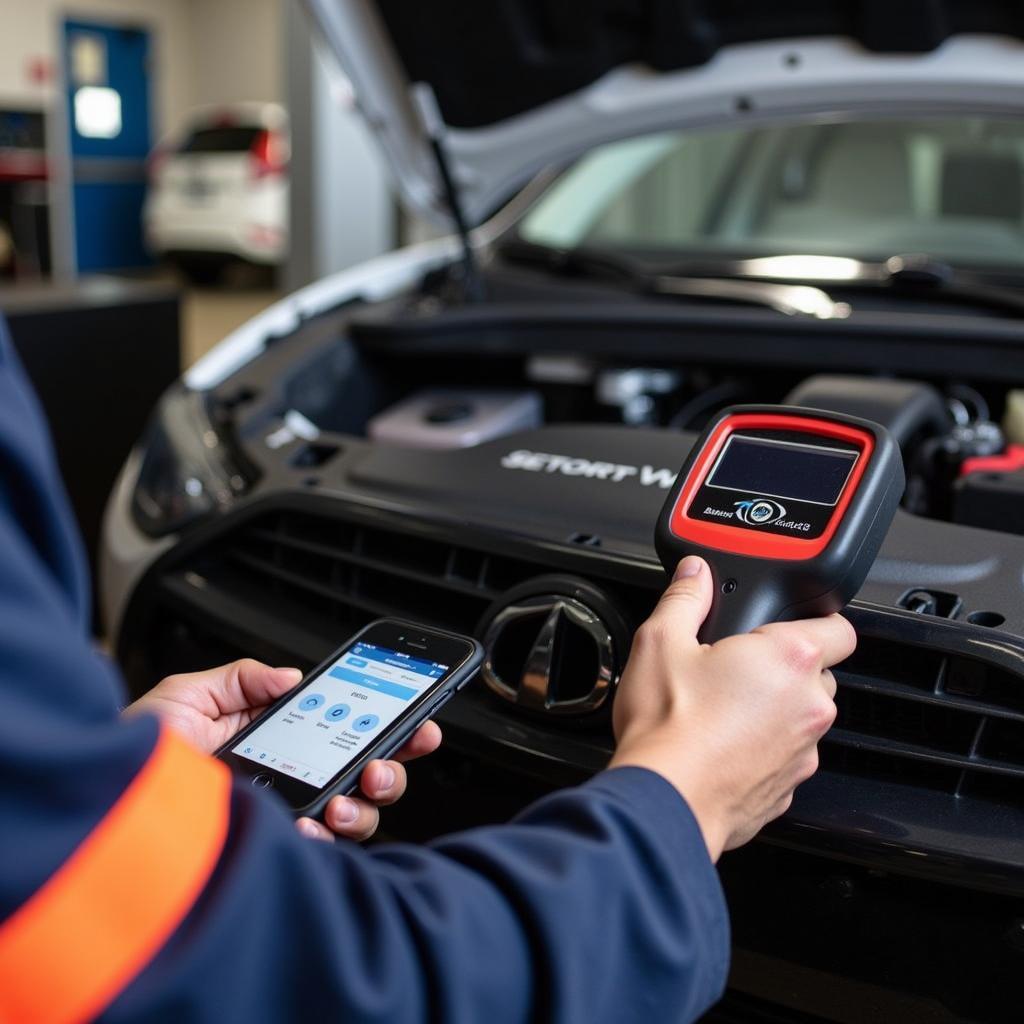 Mechanic using OBD2 Bluetooth Scanner