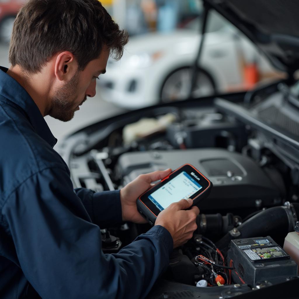 Mechanic Using OBD2 Bluetooth Scanner