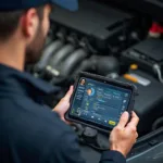 Mechanic using an OBD2 Bluetooth scanner with a tablet