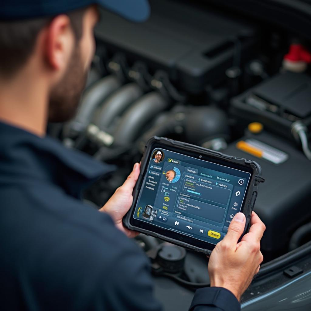 Mechanic using an OBD2 Bluetooth scanner with a tablet