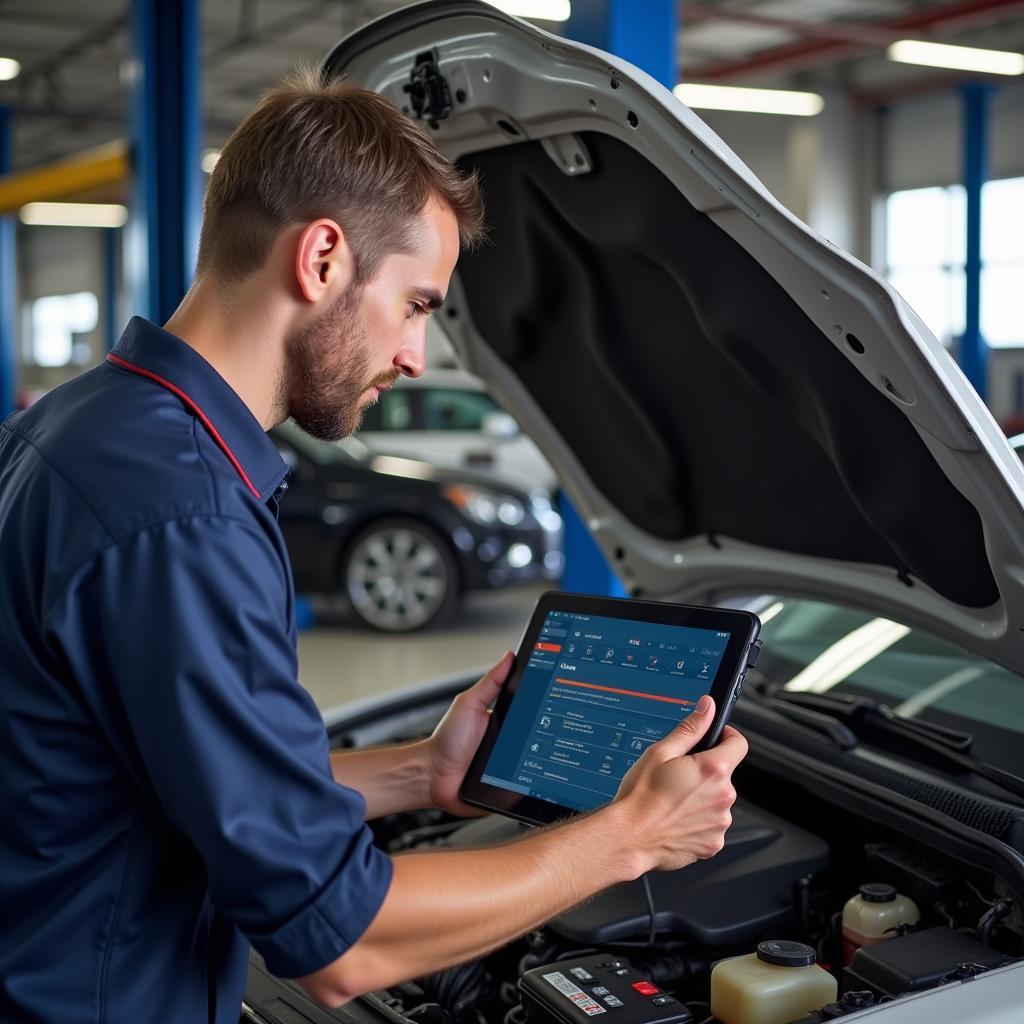 Mechanic diagnosing car problem using OBD2 BT scanner