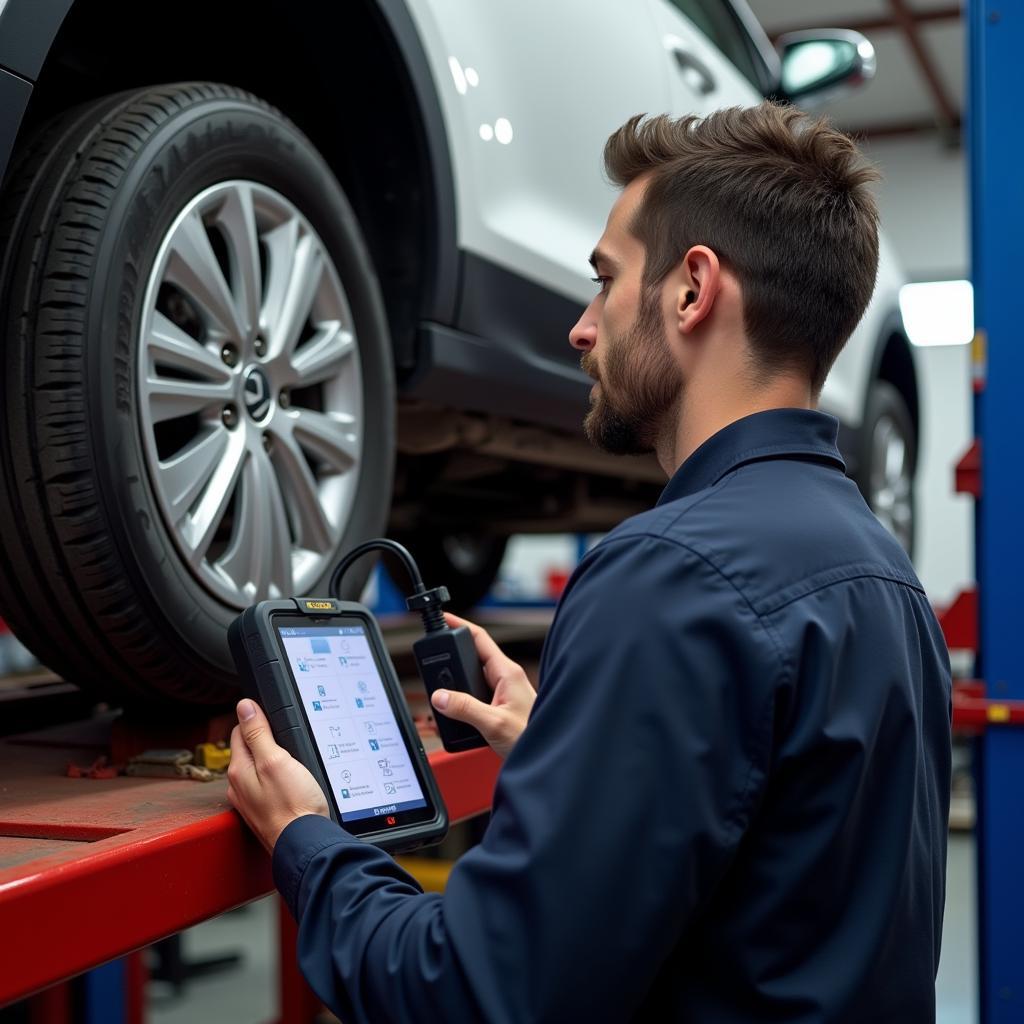 A mechanic utilizing the OBD2 CAN bus scan tool D900 to diagnose a car in a workshop setting.